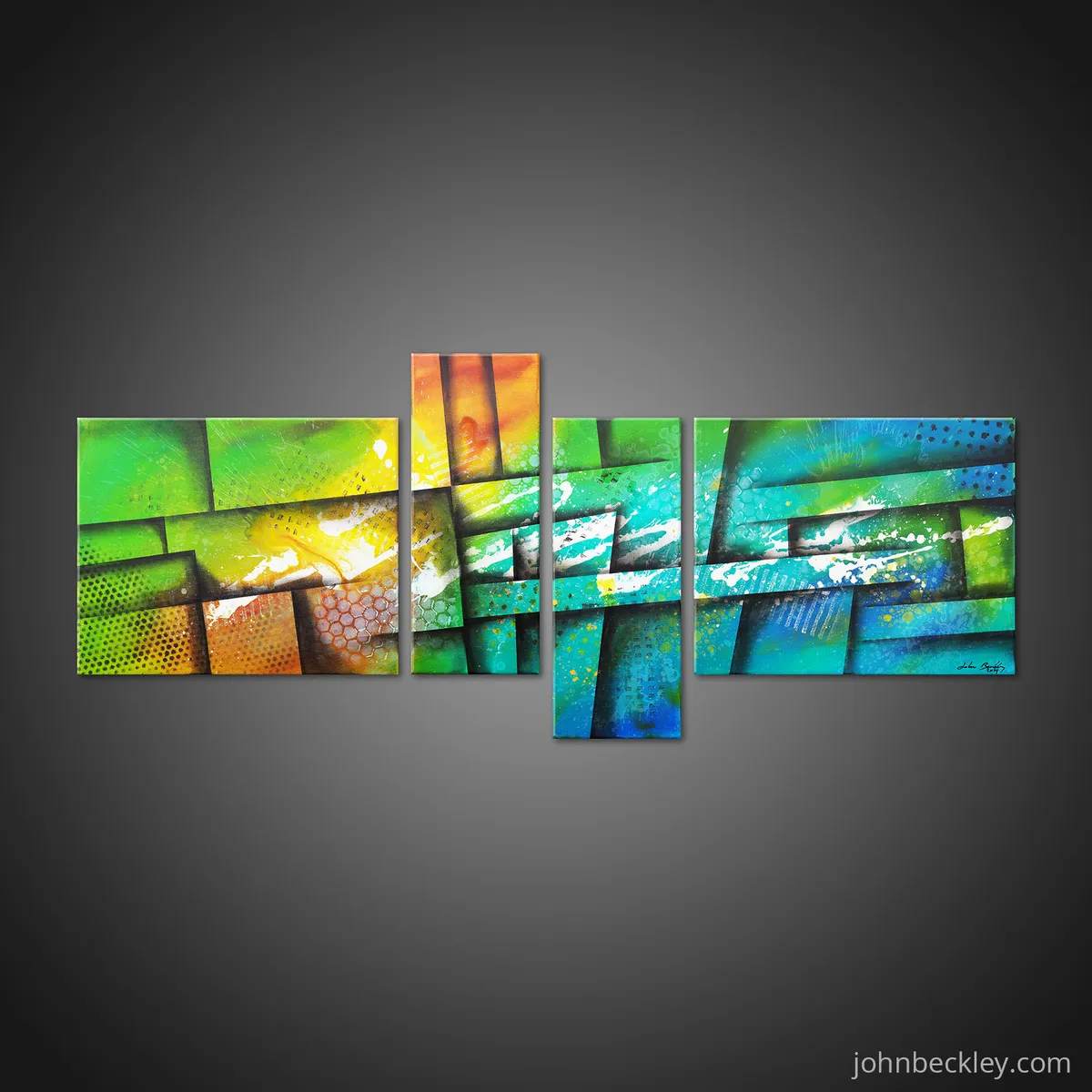 Vue d’ensemble de la peinture abstraite multicolore en quatre panneaux rectangulaires sur fond gris neutre. — Wazer, John Beckley