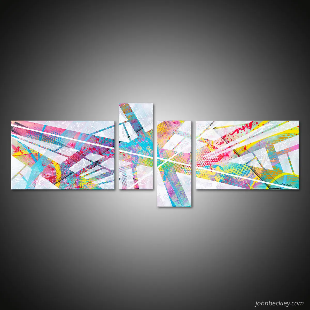 Vue frontale du polyptyque abstrait Ternox, quatre panneaux alignés aux lignes diagonales colorées sur fond clair. — Ternox, John Beckley