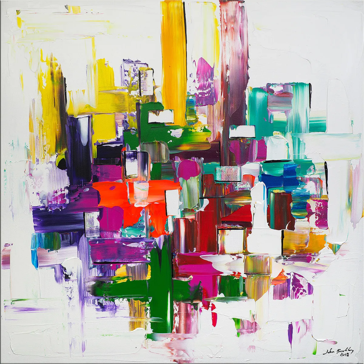 Peinture abstraite colorée de rectangles et bandes vives sur large fond blanc. — Nirvana, John Beckley