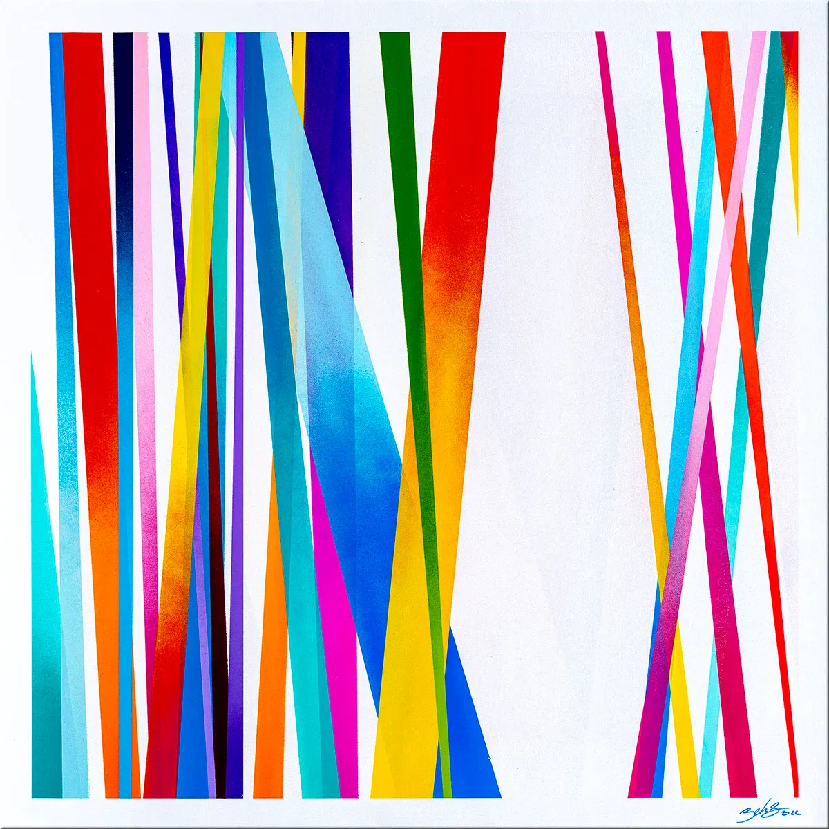 Peinture abstraite avec de longues bandes verticales multicolores sur fond blanc, vue frontale complète. — Milea, John Beckley