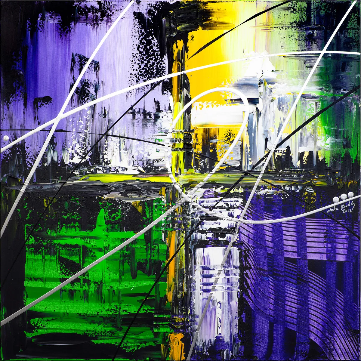 Peinture abstraite carrée aux zones vertes, violettes et jaunes traversées de lignes blanches et noires diagonales. — Metrophon, John Beckley