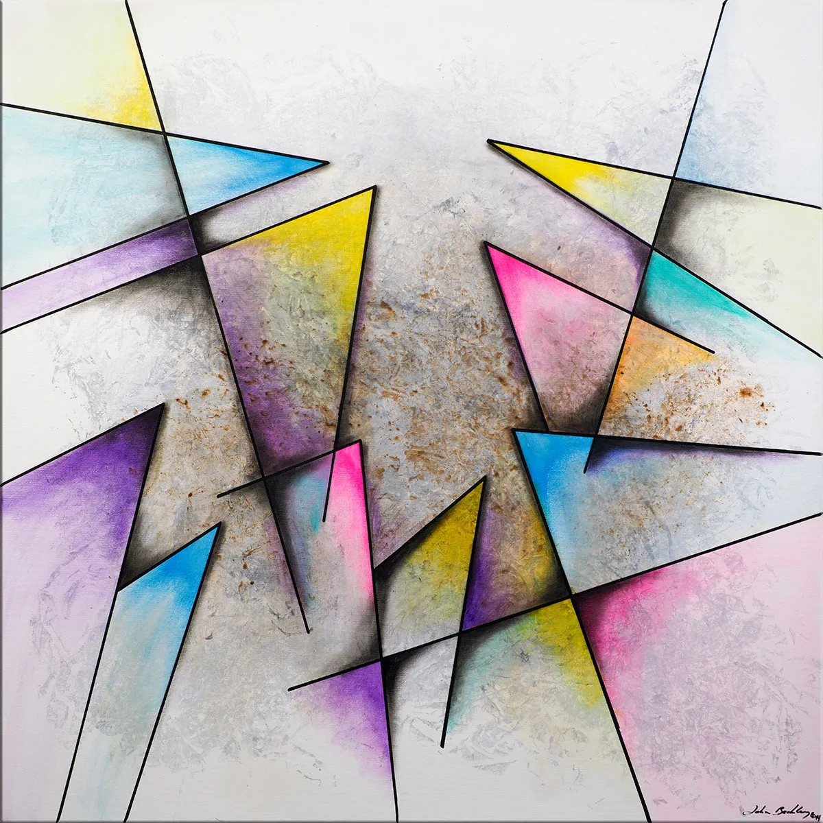 Peinture abstraite avec grands triangles colorés et fond gris texturé sur surface carrée. — Samen, John Beckley