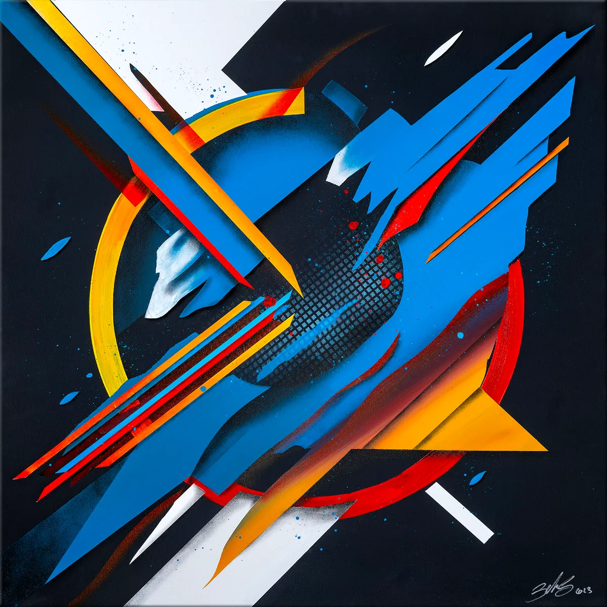 Peinture abstraite avec cercle bleu et rouge traversé de formes géométriques jaunes, rouges et bleues sur fond noir. — Glows of Dawn, John Beckley