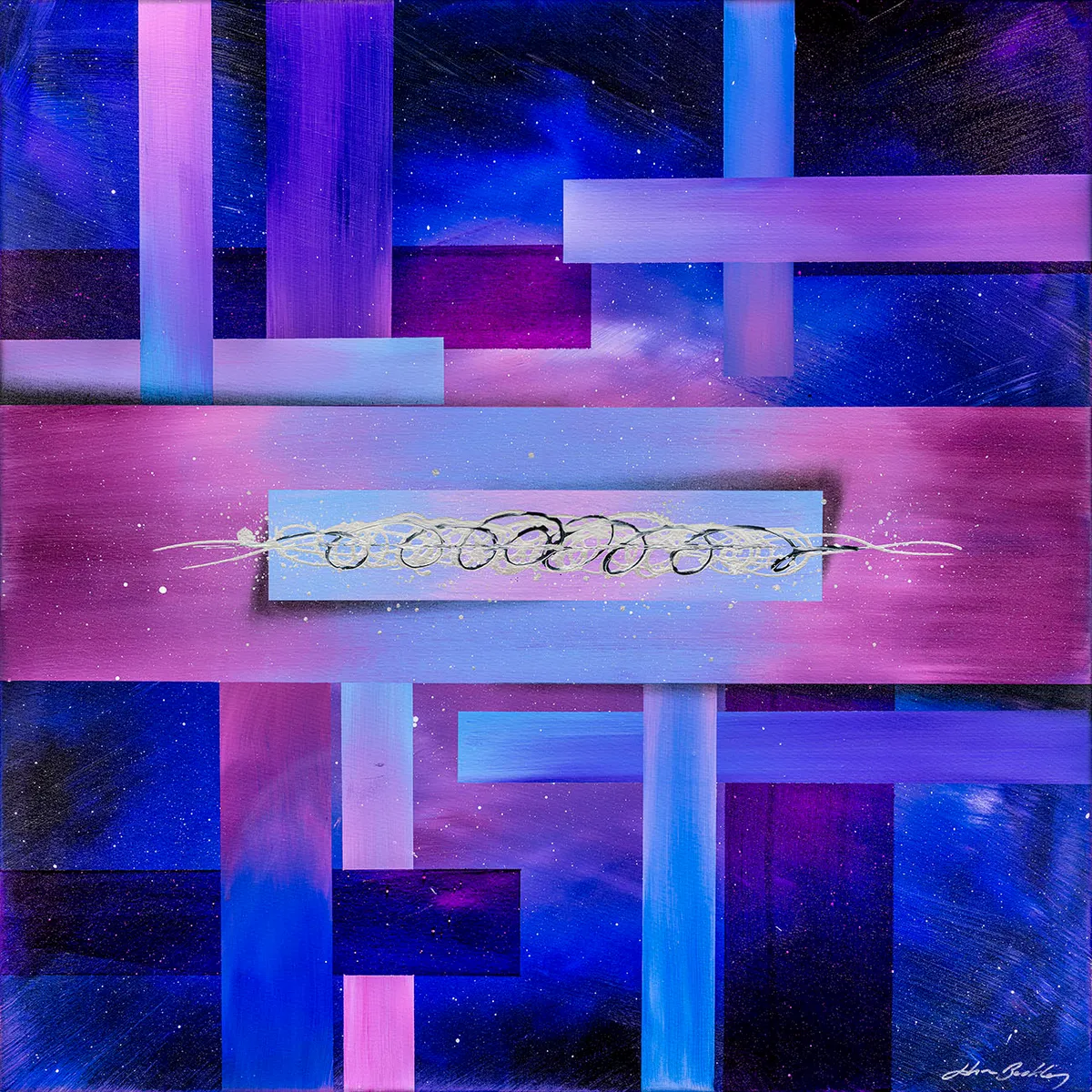 Peinture abstraite carrée avec bandes géométriques bleues et roses et trait central sinueux sur fond sombre étoilé. — Media Nocte, John Beckley
