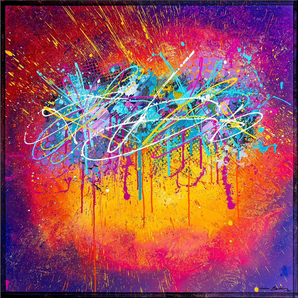 Peinture abstraite colorée, vue de face, avec centre bleu et jaune entouré de violets et de tracés blancs dynamiques. — Adonia, John Beckley