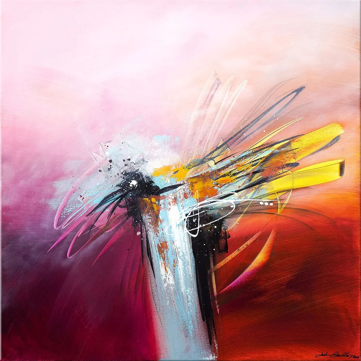 Vue d’ensemble de la peinture abstraite Quoad, explosion centrale colorée sur fond dégradé du rose au rouge orangé. — Quoad, John Beckley