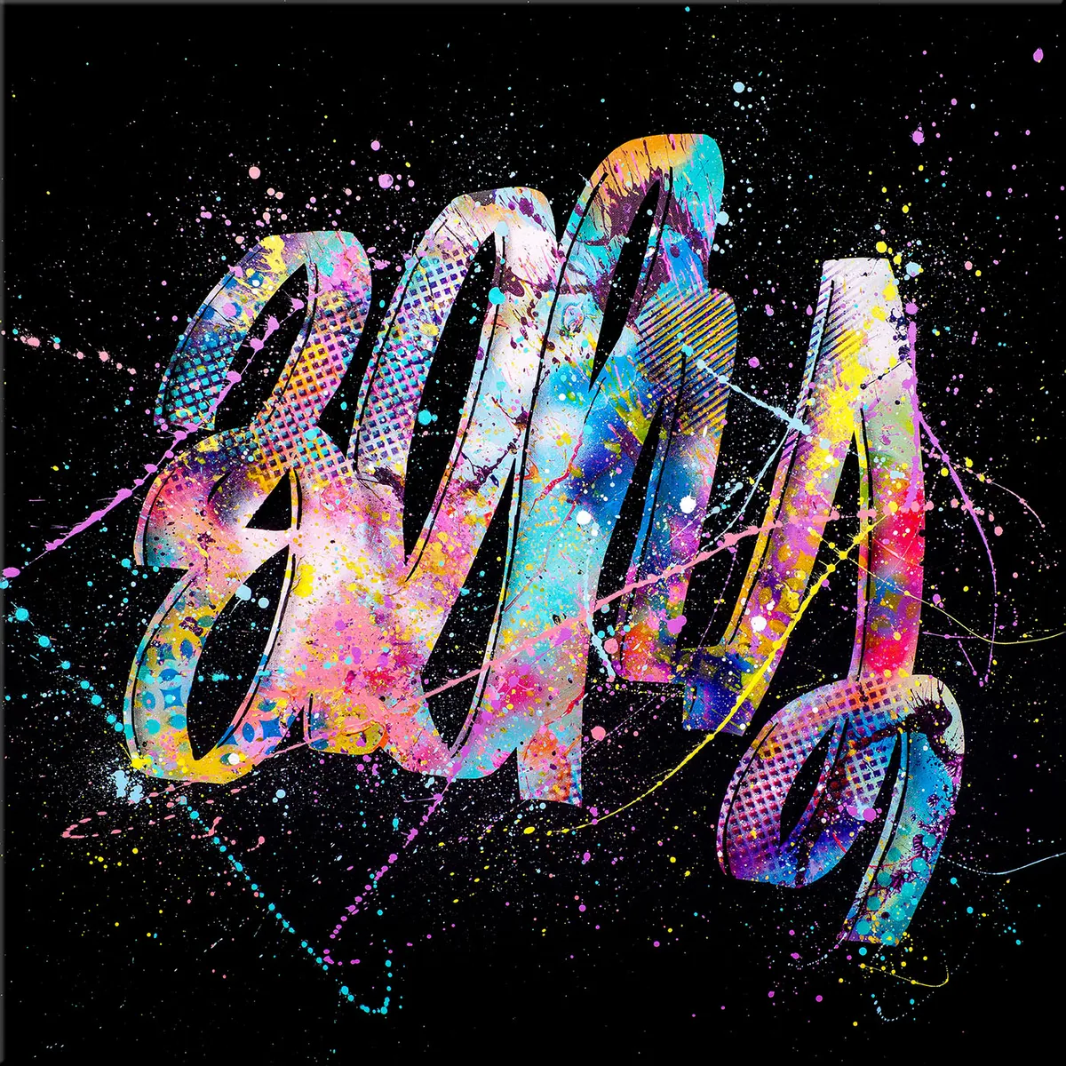 Peinture abstraite colorée sur fond noir représentant un large motif calligraphique multicolore éclaboussé de taches de peinture. — Beks, John Beckley
