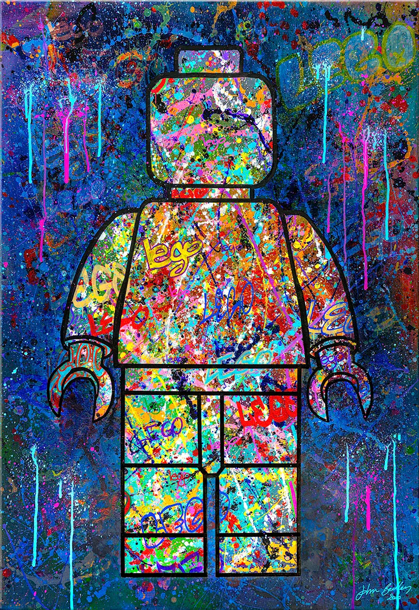 Tableau figurine LEGO Noa#2 de John Beckley, œuvre Pop Art et Street Art aux couleurs vives sur fond bleu — Noa#2, John Beckley