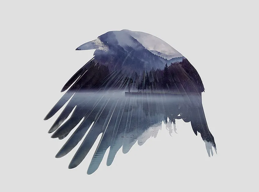Silhouette d’un corbeau en vol contenant un paysage de lac brumeux et de montagnes sur fond gris clair. — Crow Lake - Tirage d’Art – Signé / Numéroté, John Beckley