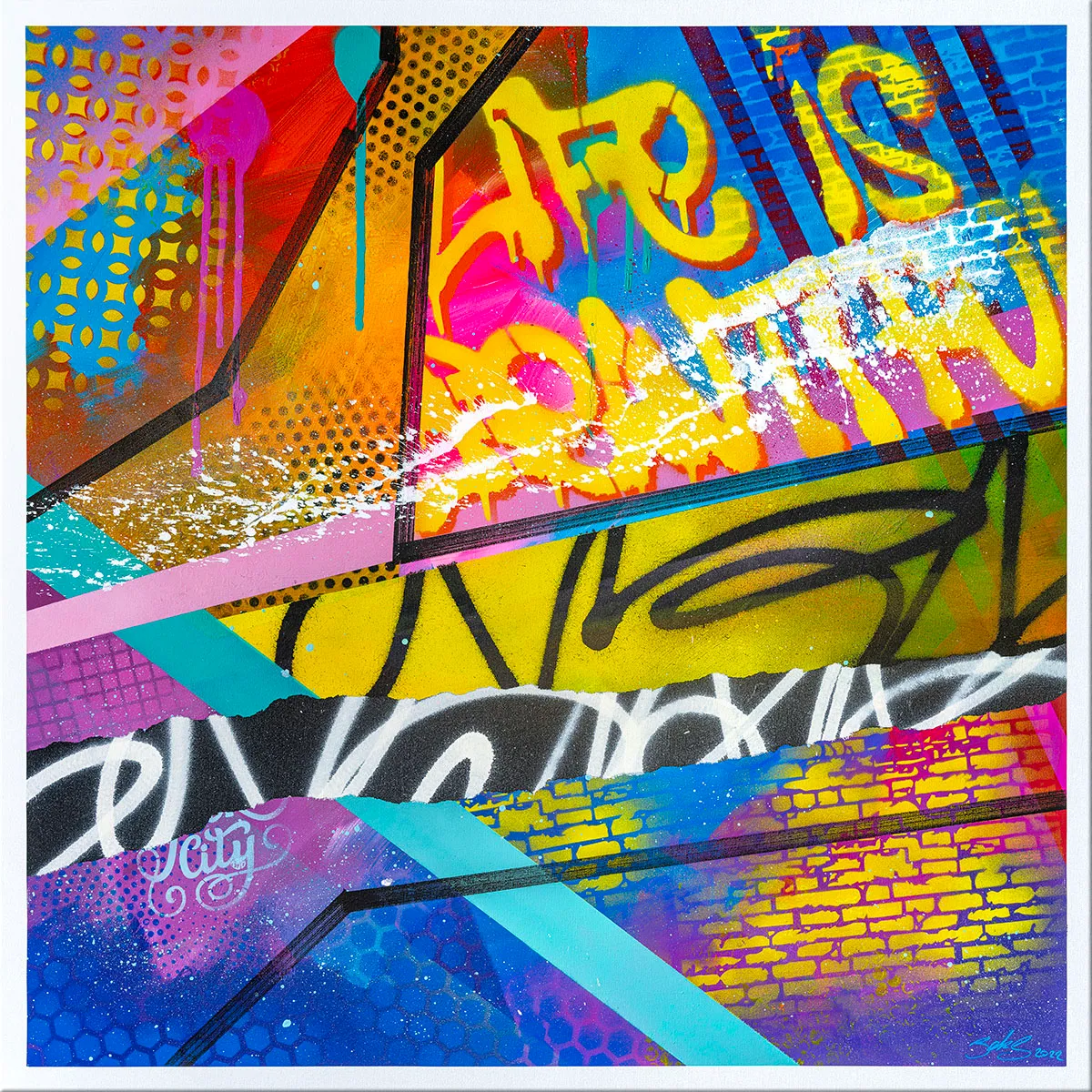 Peinture abstraite colorée façon graffiti, aux diagonales vives, lettres jaunes et motifs de briques et de points. — Sparate, John Beckley