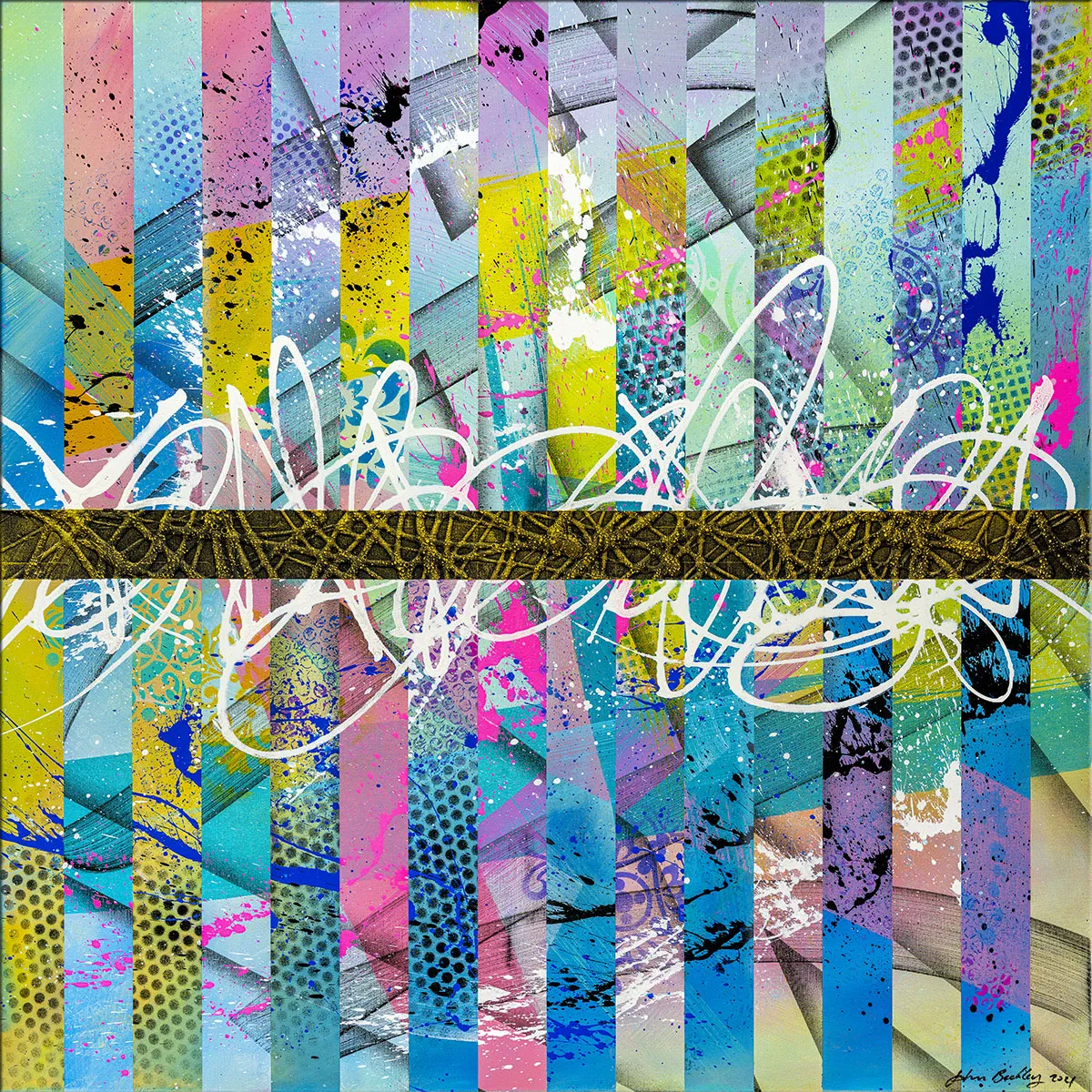 Peinture abstraite composée de bandes verticales colorées, ligne horizontale sombre centrale et grands tracés blancs sinueux. — Stripes, John Beckley