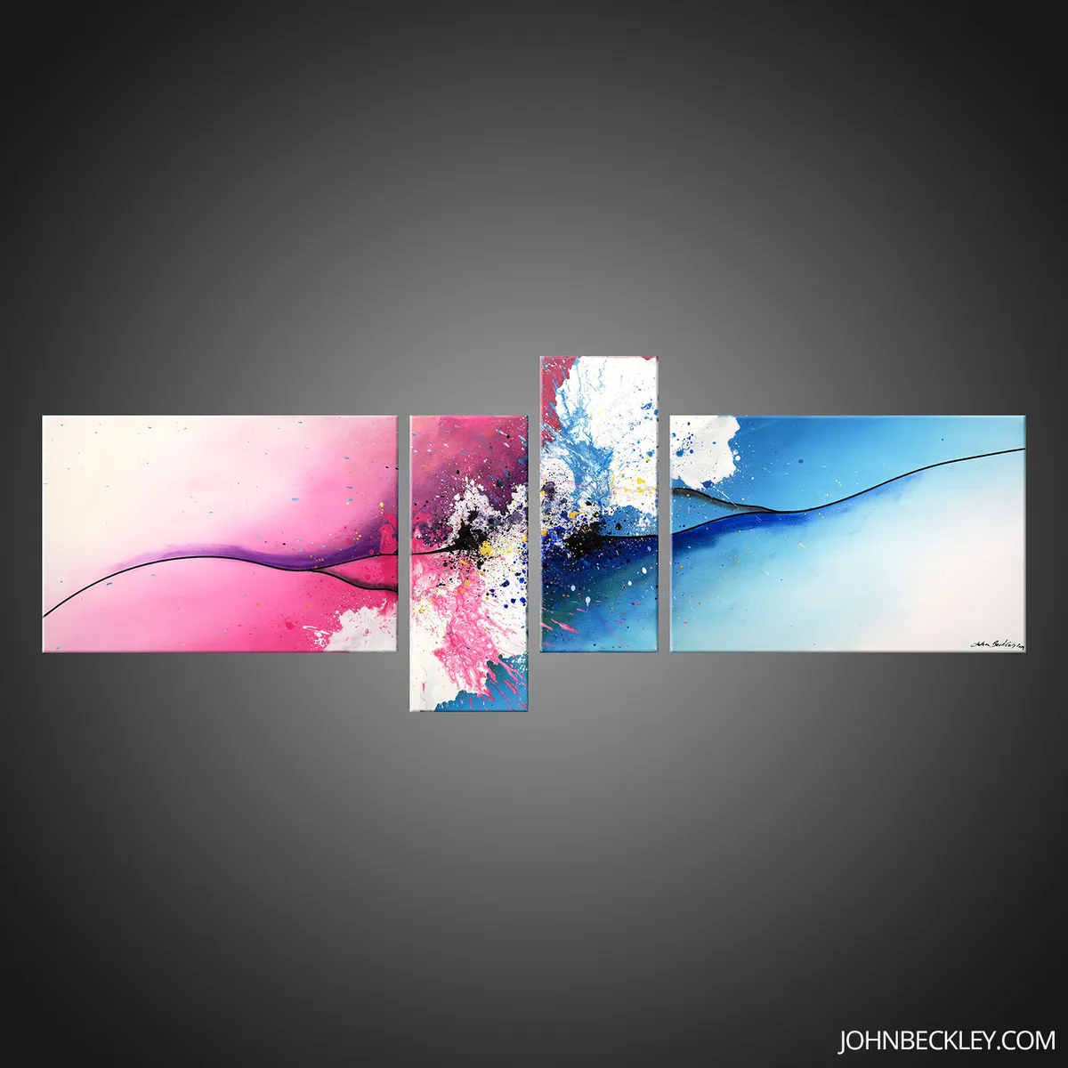 Vue d’ensemble de la peinture abstraite en quatre panneaux, dégradés rose et bleu reliés par une ligne sombre. — Hexaemeron, John Beckley