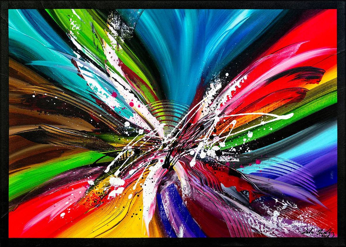 Peinture abstraite très colorée avec explosion centrale de courbes et éclaboussures blanches sur fond sombre. — Horizon, John Beckley
