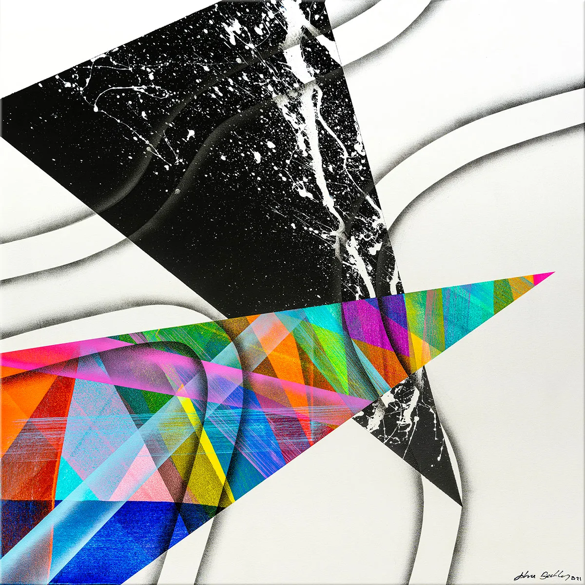 Peinture abstraite avec grand triangle noir et prisme triangulaire multicolore sur fond blanc courbe. — Crusis, John Beckley