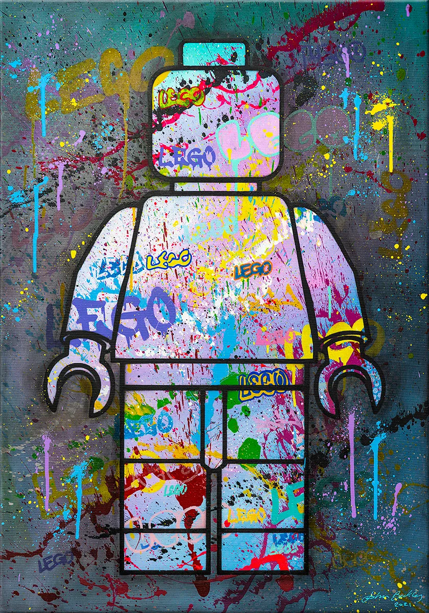 Tableau Pop Art LEGO Noa#4 de John Beckley, figurine colorée sur fond sombre aux influences Street Art — Noa#4, John Beckley