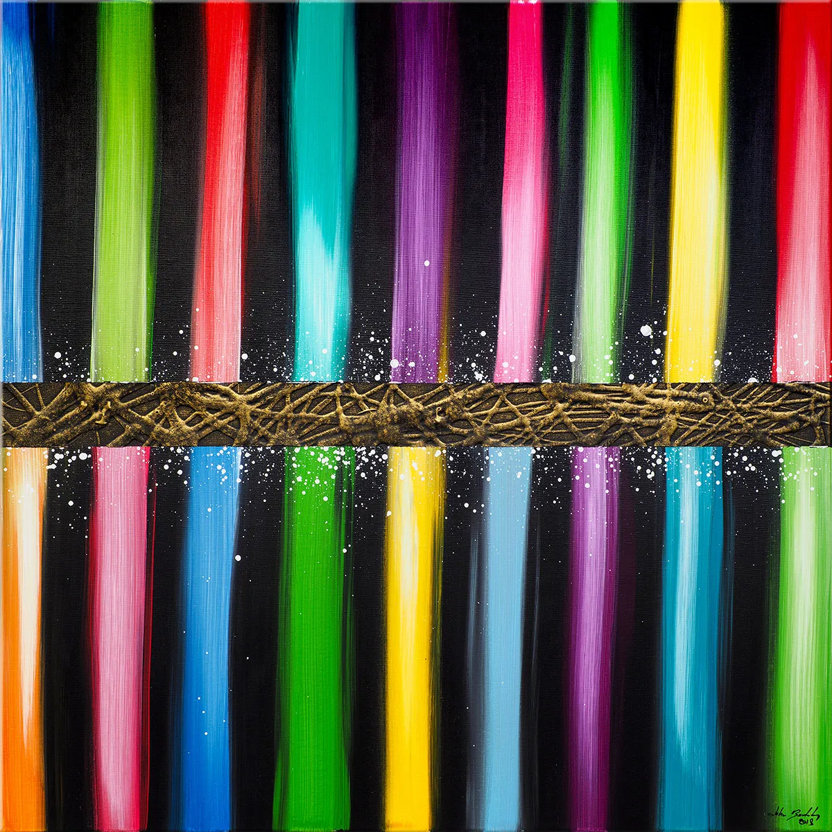 Peinture abstraite avec bandes verticales multicolores sur fond noir et bande centrale texturée brun doré. — Malva, John Beckley