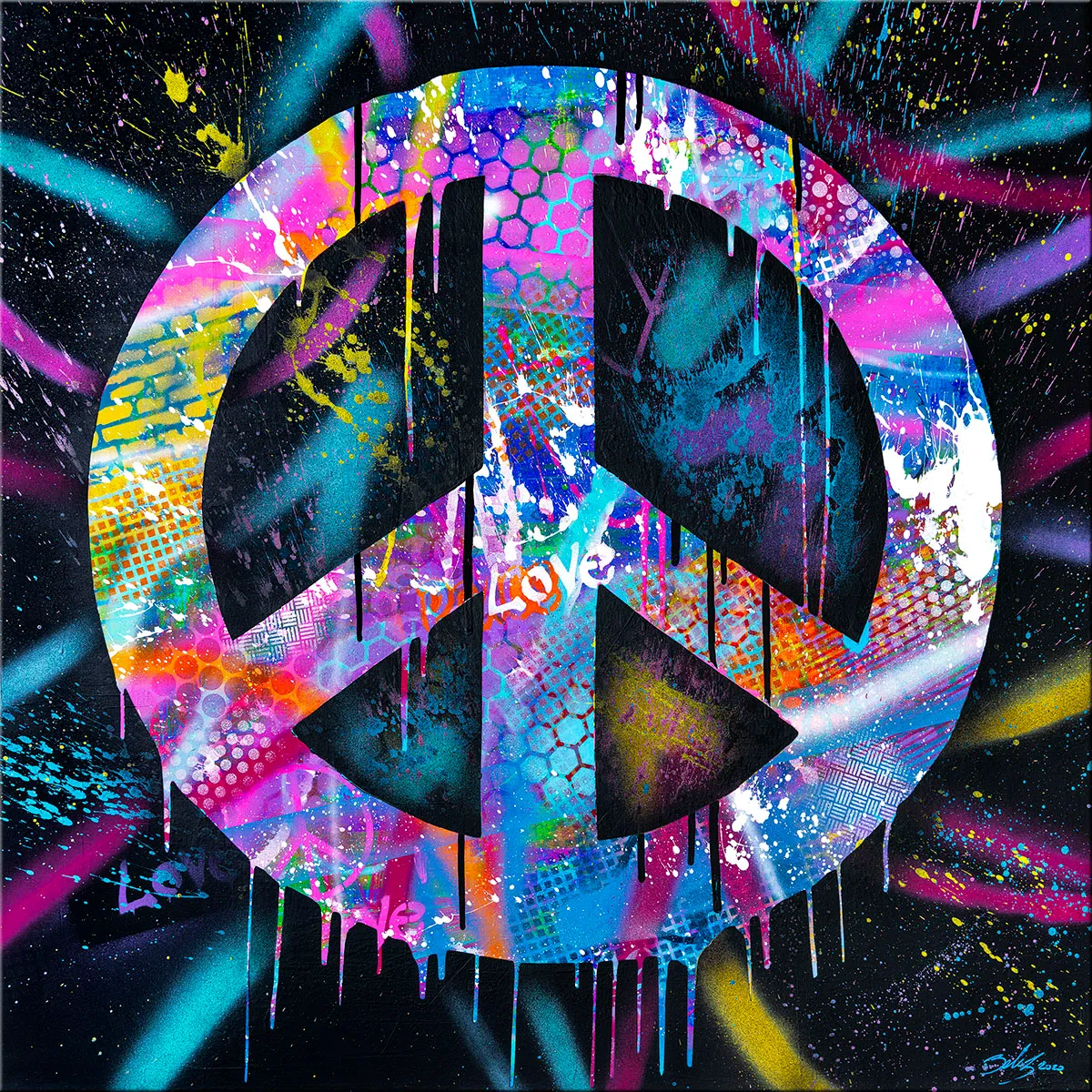 Symbole de paix coloré sur fond noir, éclaboussures et motifs géométriques multicolores, mots Love intégrés. — Peace, John Beckley
