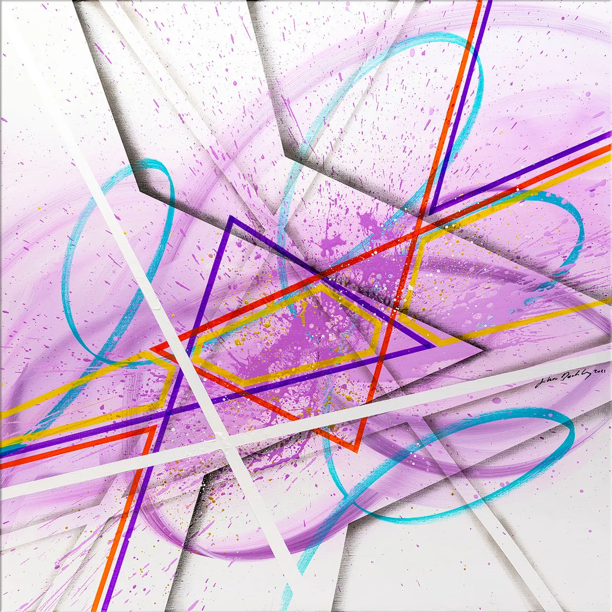 Peinture abstraite violette avec lignes géométriques colorées et éclaboussures au centre de la composition. — Modo, John Beckley
