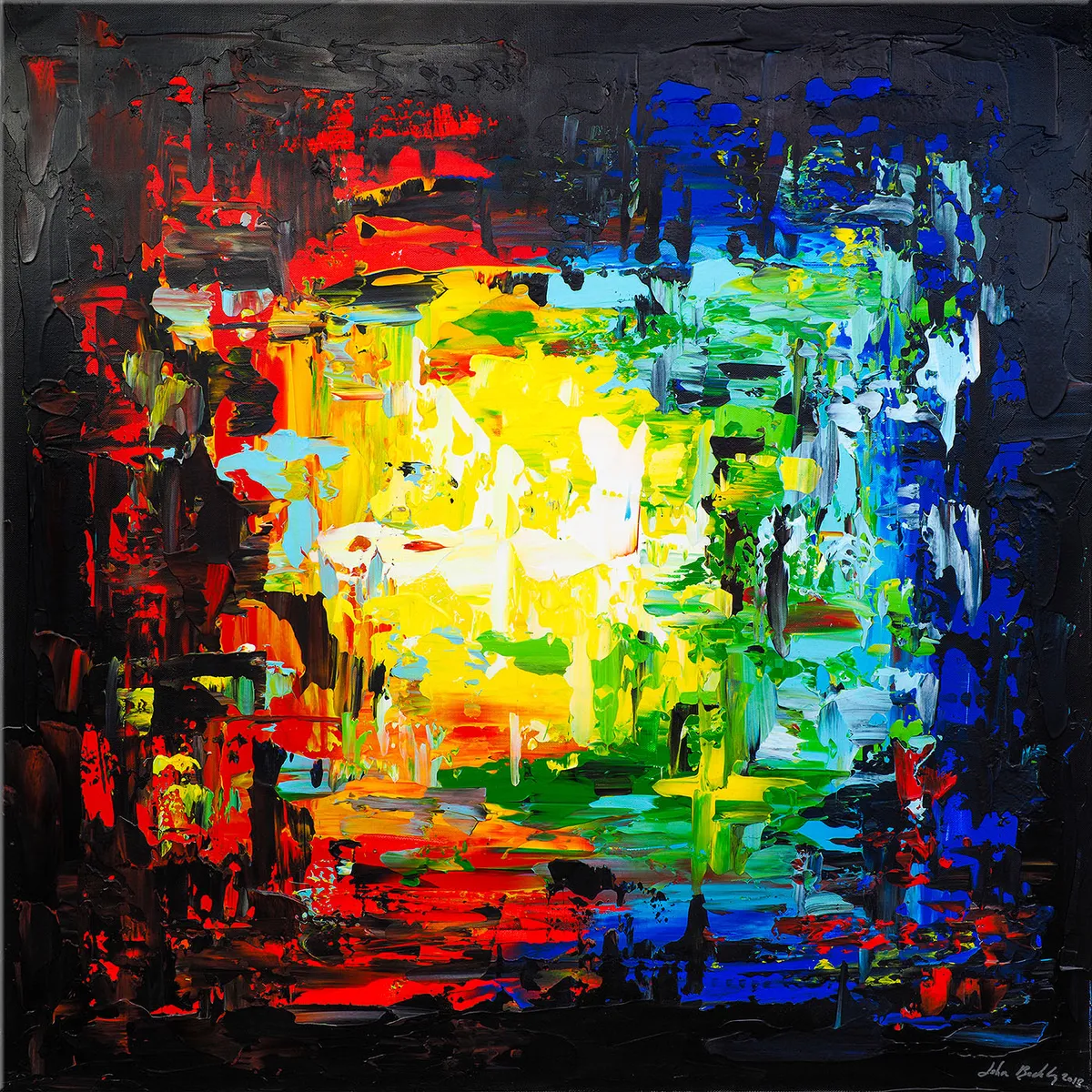 Peinture abstraite carrée aux couleurs vives centrées, entourées d’un large bord sombre presque noir. — Tunnel, John Beckley