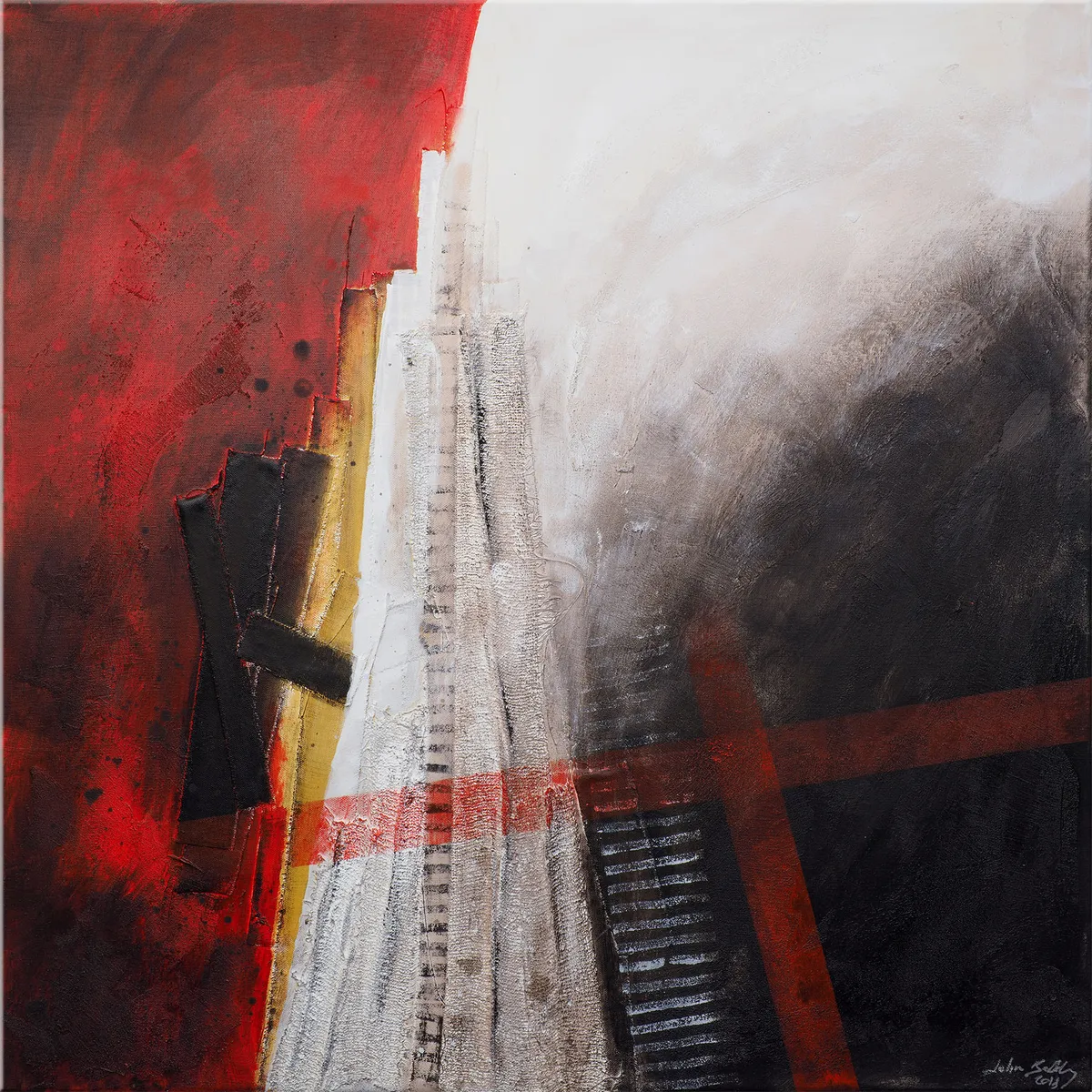 Peinture abstraite carrée avec grandes zones rouge, blanche et noire séparées par une colonne centrale texturée et une croix rouge. — Guide, John Beckley