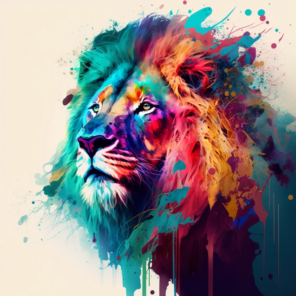 Portrait coloré d’un lion de profil, tête centrée, crinière éclatée en coulures et éclaboussures abstraites sur fond clair. — Lion aux éclats de couleur, John Beckley