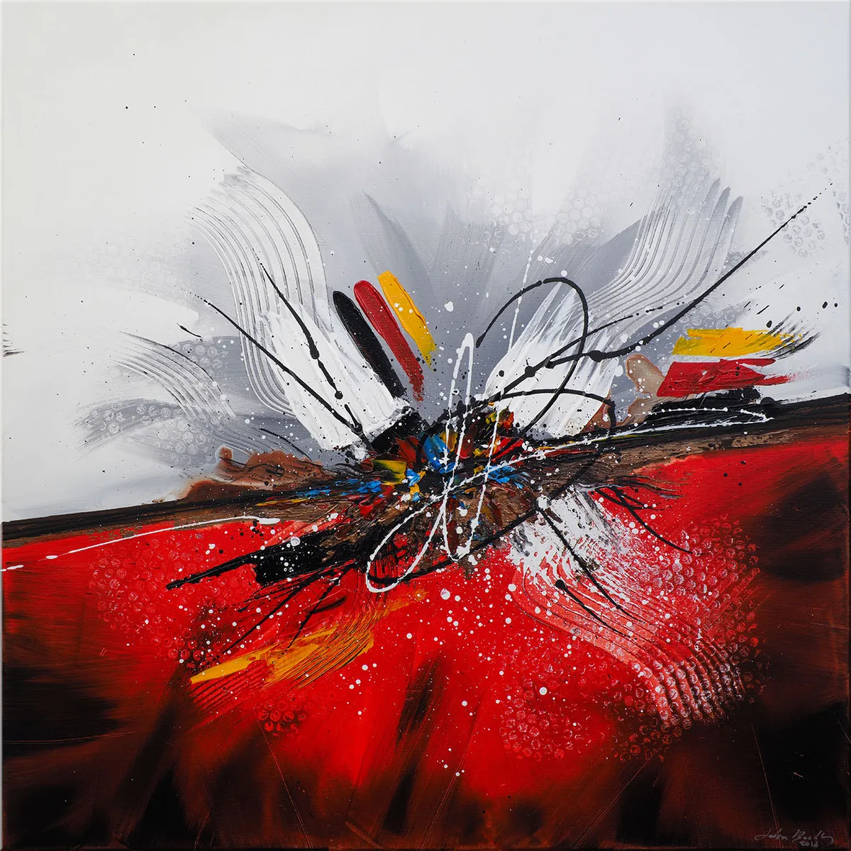 Peinture abstraite carrée avec large zone rouge en bas et explosion de formes colorées au centre sur fond clair. — Calix, John Beckley