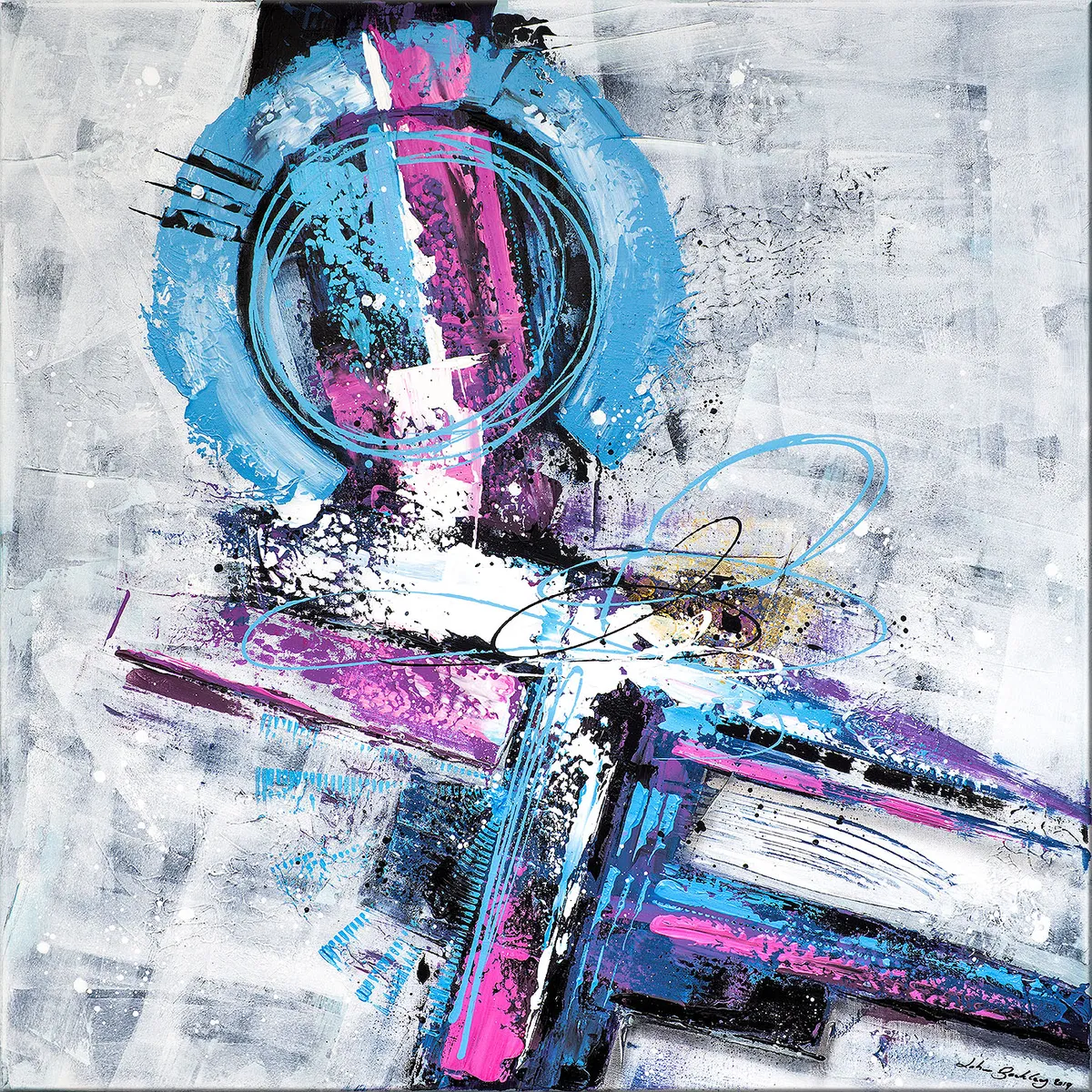 Vue d’ensemble de la peinture abstraite Coris, avec grand cercle bleu et croix colorée sur fond gris clair. — Coris, John Beckley