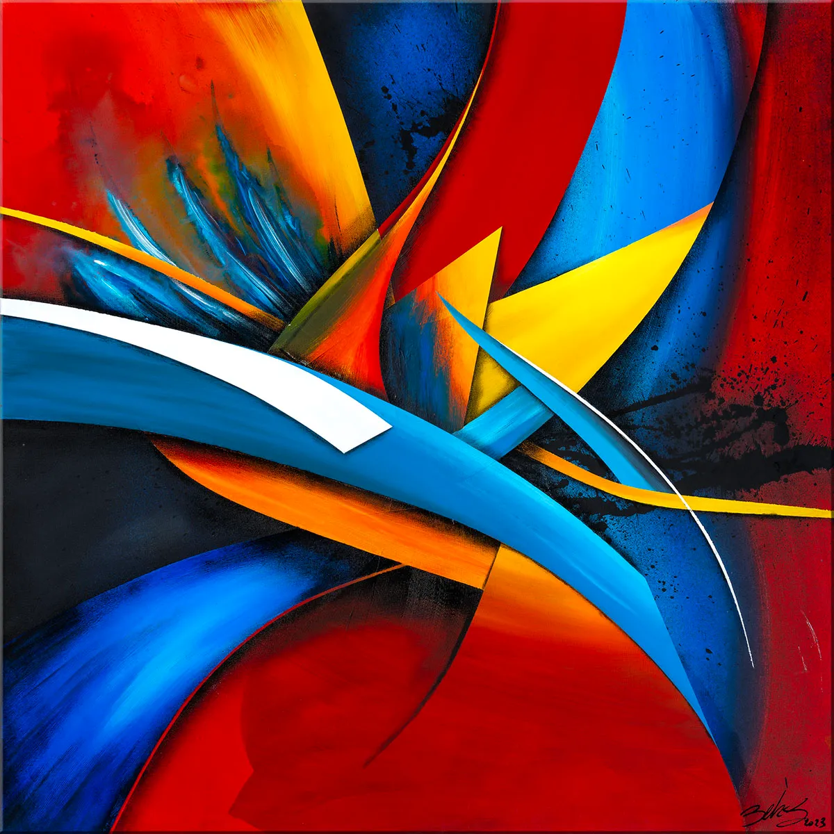 Vue frontale de la peinture abstraite colorée avec de grandes courbes rouges, bleues, jaunes et blanches. — Graceful Contortions, John Beckley