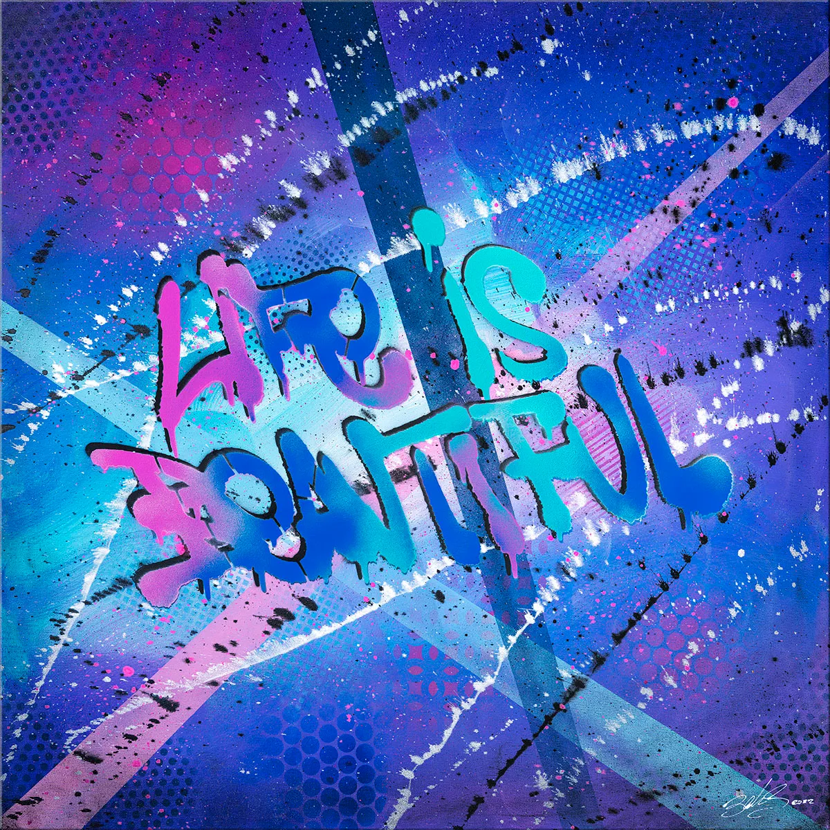 Peinture abstraite bleu violet avec l’inscription LIFE IS BEAUTIFUL en lettres colorées au centre. — Life is beautiful #2, John Beckley