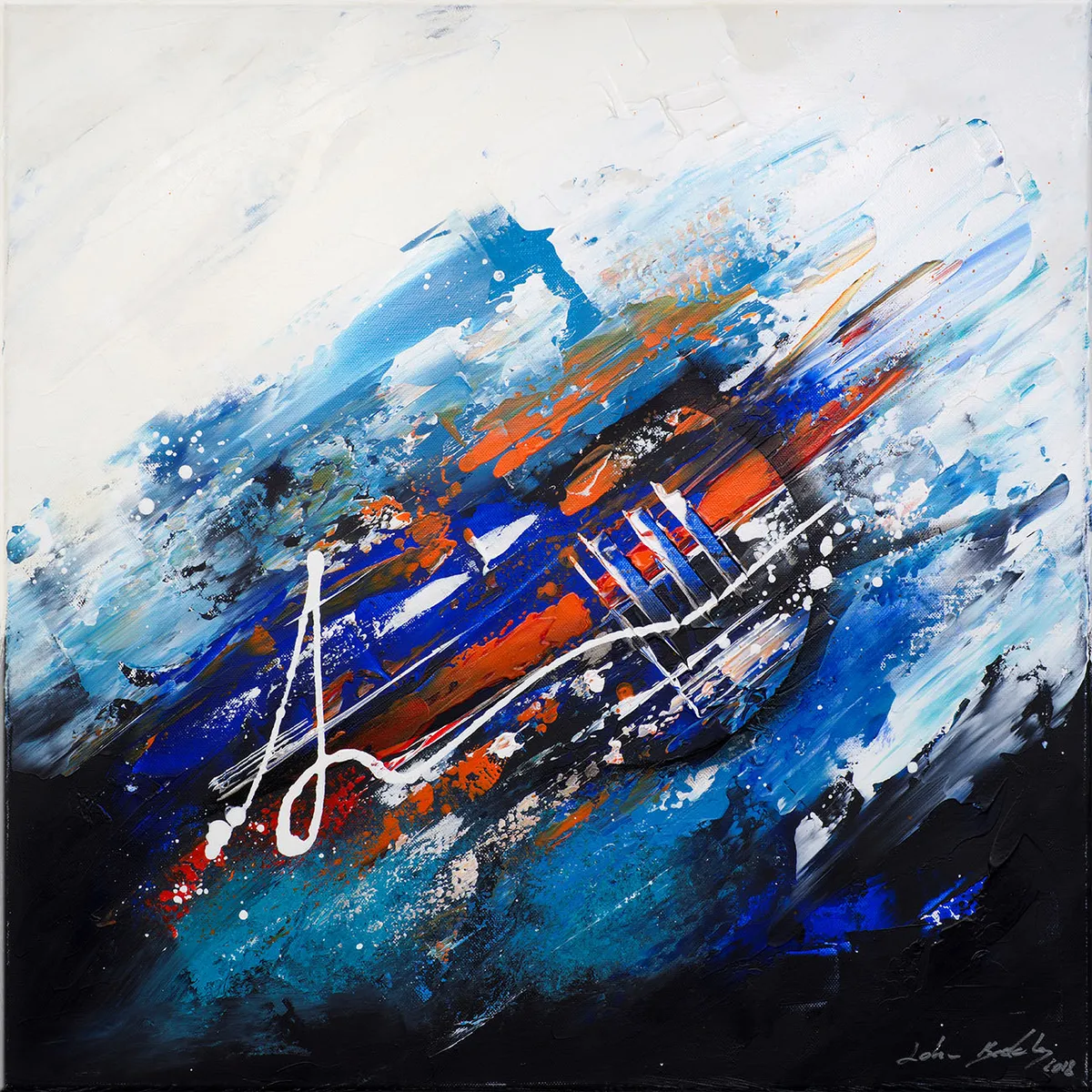 Vue d’ensemble de la peinture abstraite Resero, diagonale colorée bleue et orange sur fond blanc et noir. — Resero, John Beckley