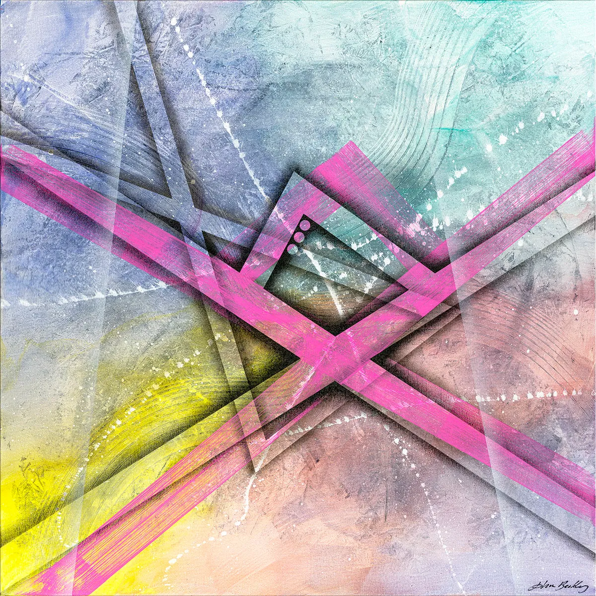 Peinture abstraite vue de face avec diagonales roses et fond pastel texturé en dégradés de jaune, bleu et violet. — Serena, John Beckley