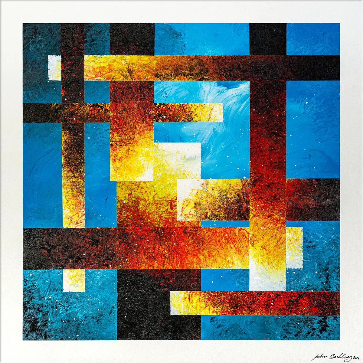 Peinture abstraite carrée composée de bandes rectangulaires noires, jaunes et rouges sur fond bleu texturé. — Fragments, John Beckley