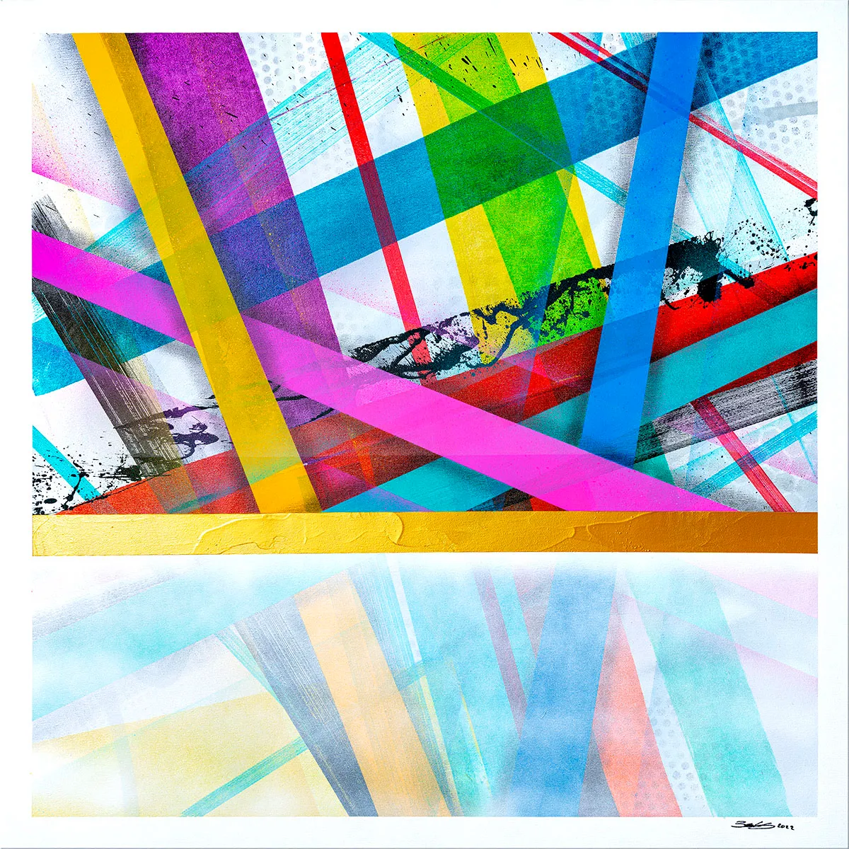 Peinture abstraite avec bandes colorées croisées, bande dorée horizontale centrale et zone inférieure aux couleurs pastel estompées. — Axon, John Beckley