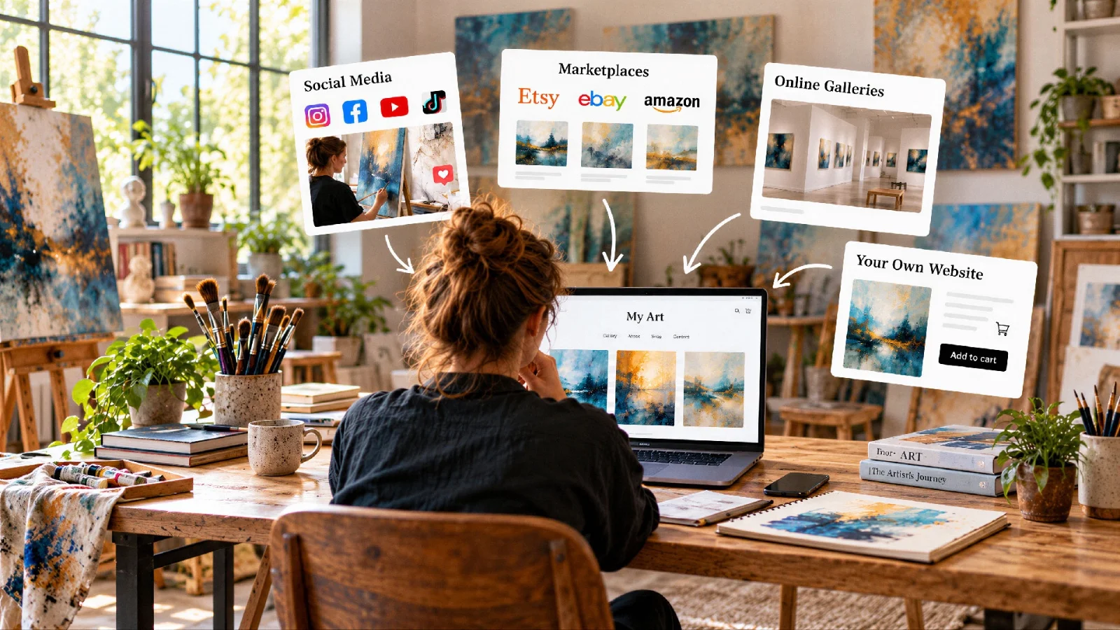 An artist works on a laptop surrounded by paintings, exploring online platforms for selling art.