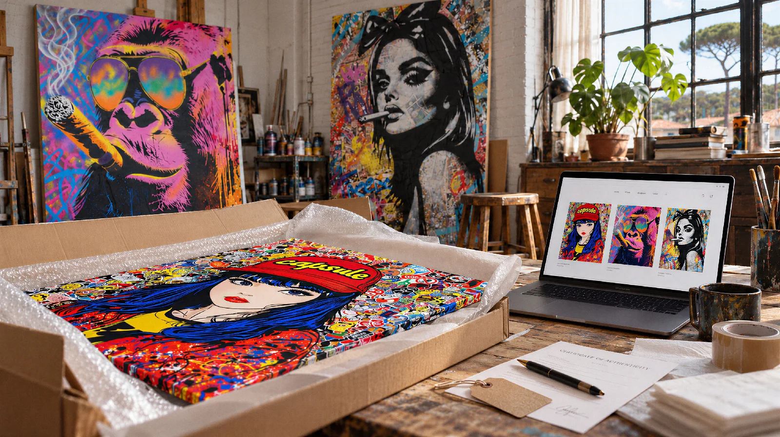 Art studio with colorful paintings, a wrapped canvas, and a laptop displaying similar artworks.