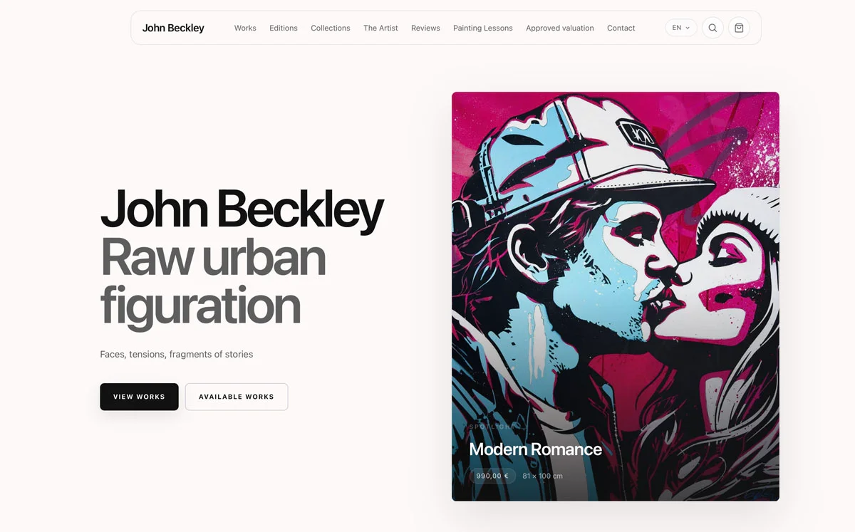 Webpage showcasing John Beckley’s artwork, including a colorful painting titled “Modern Romance.”
