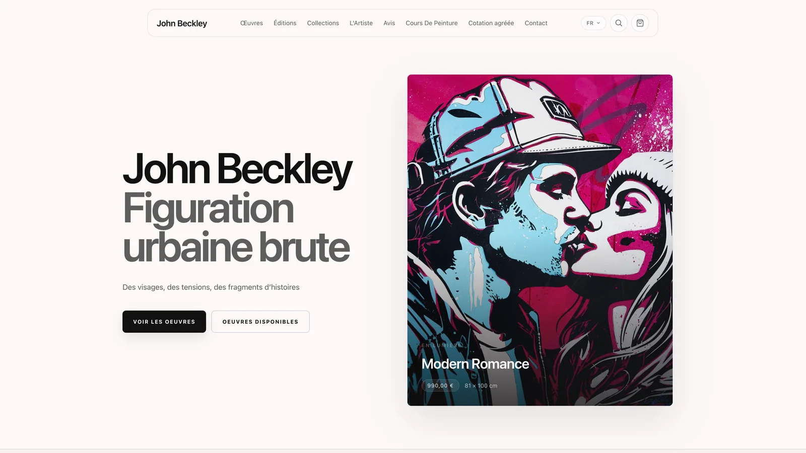 Page web présentant les œuvres de John Beckley, avec une peinture colorée intitulée "Modern Romance".