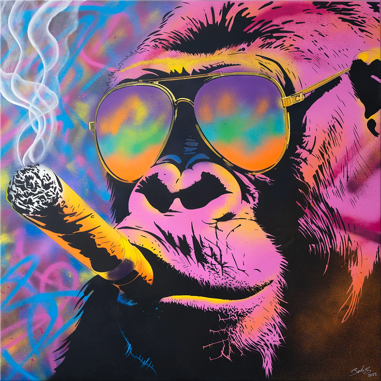 Gorille coloré portant des lunettes de soleil et fumant un cigare dans un style artistique vibrant.