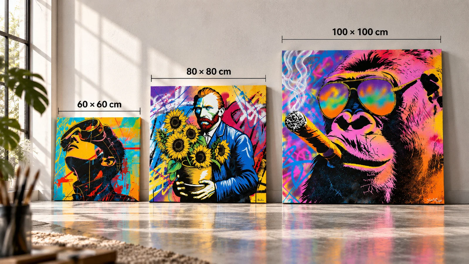 Three pop art paintings by John Beckley in 60 × 60, 80 × 80 and 100 × 100 cm formats, illustrating how to price artworks.