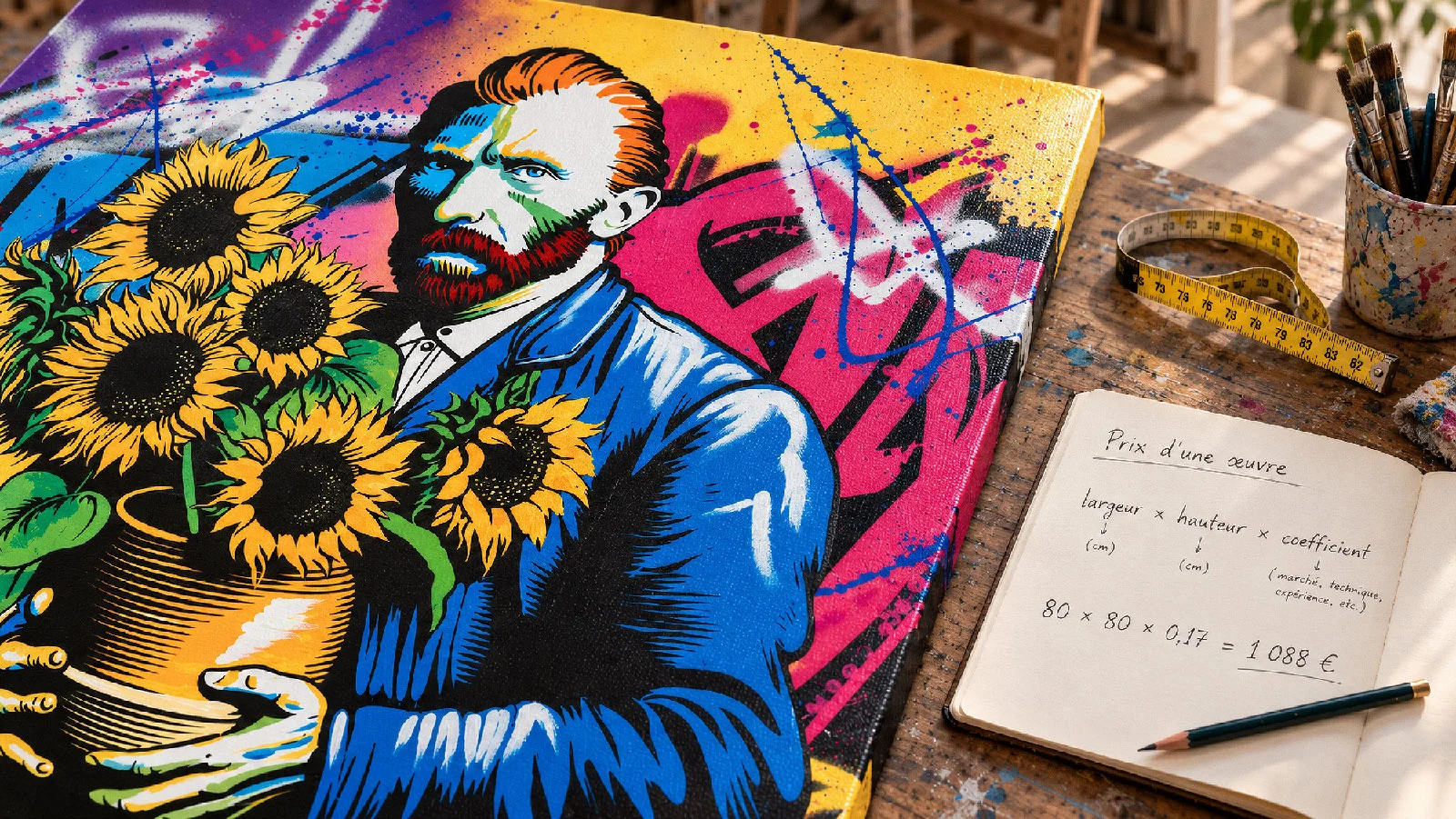 A colorful painting of a man holding sunflowers is next to a notebook with a price calculation formula.