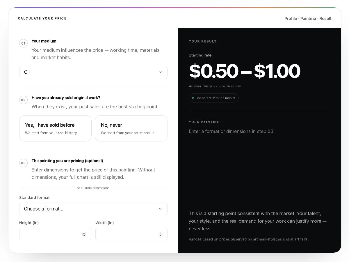 Online tool interface for calculating painting prices based on medium, sales history, and dimensions, with a starting rate of $0.50–$1.00.