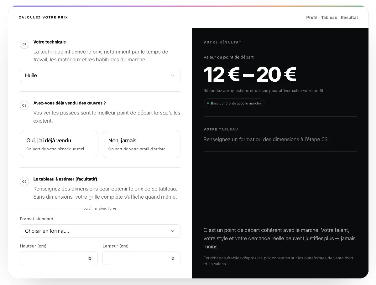 Interface de calcul du prix d'une œuvre d'art basée sur la technique, les ventes passées et les dimensions du tableau.